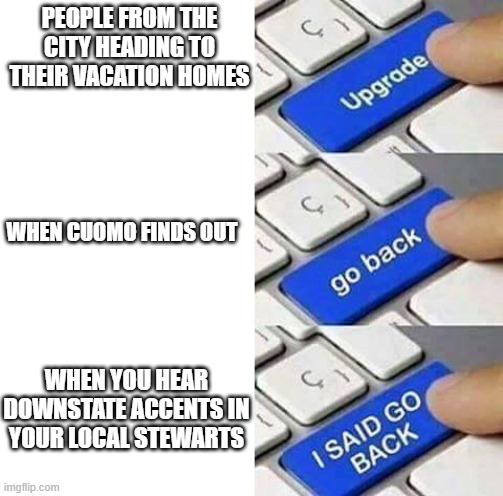 I SAID GO BACK | PEOPLE FROM THE CITY HEADING TO THEIR VACATION HOMES; WHEN CUOMO FINDS OUT; WHEN YOU HEAR DOWNSTATE ACCENTS IN YOUR LOCAL STEWARTS | image tagged in i said go back | made w/ Imgflip meme maker