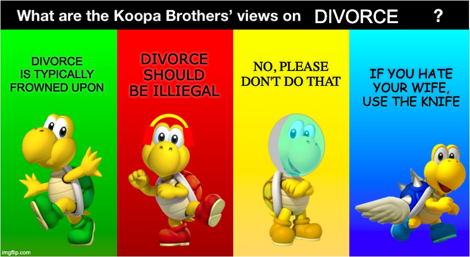 Koopa Bros' Views | DIVORCE; NO, PLEASE DON'T DO THAT; DIVORCE SHOULD BE ILLIEGAL; DIVORCE IS TYPICALLY FROWNED UPON; IF YOU HATE YOUR WIFE, USE THE KNIFE | image tagged in koopa bros' views | made w/ Imgflip meme maker