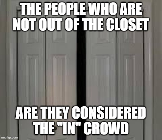 closet | THE PEOPLE WHO ARE NOT OUT OF THE CLOSET; ARE THEY CONSIDERED THE "IN" CROWD | image tagged in closet | made w/ Imgflip meme maker
