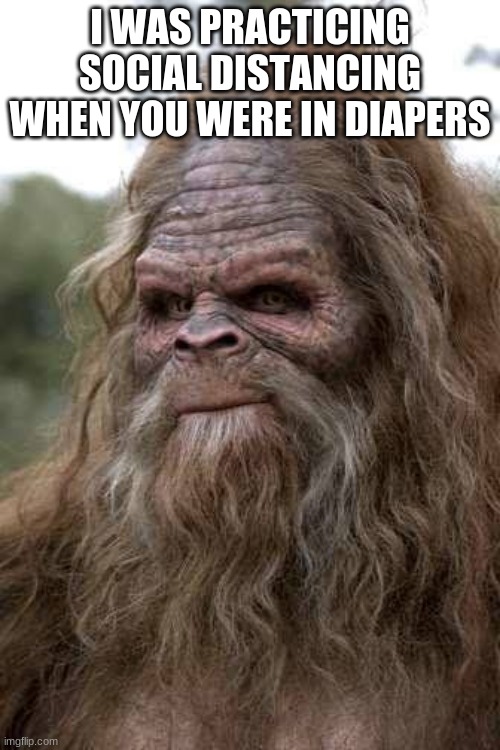 Take a lesson from Sasquatch | I WAS PRACTICING SOCIAL DISTANCING WHEN YOU WERE IN DIAPERS | image tagged in sasquatch,take a lesson,stay home,social distancing,hide and seek,big foot big heart | made w/ Imgflip meme maker