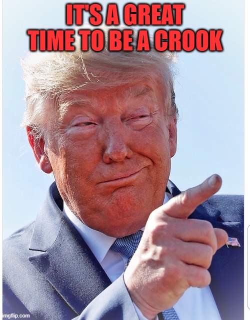 Trump pointing | IT'S A GREAT TIME TO BE A CROOK | image tagged in trump pointing | made w/ Imgflip meme maker