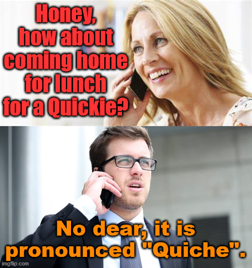 When you are obliviously stupid. | Honey, how about coming home for lunch for a Quickie? No dear, it is pronounced "Quiche". | image tagged in misheard,think about it | made w/ Imgflip meme maker