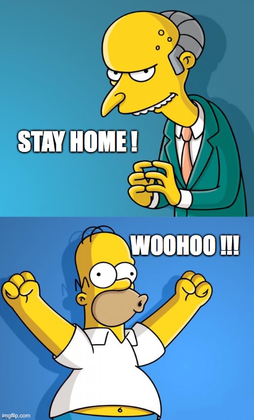Happy Homer | STAY HOME ! WOOHOO !!! | image tagged in woohoo homer simpson,mr burns,memes,coronavirus,covid19 | made w/ Imgflip meme maker