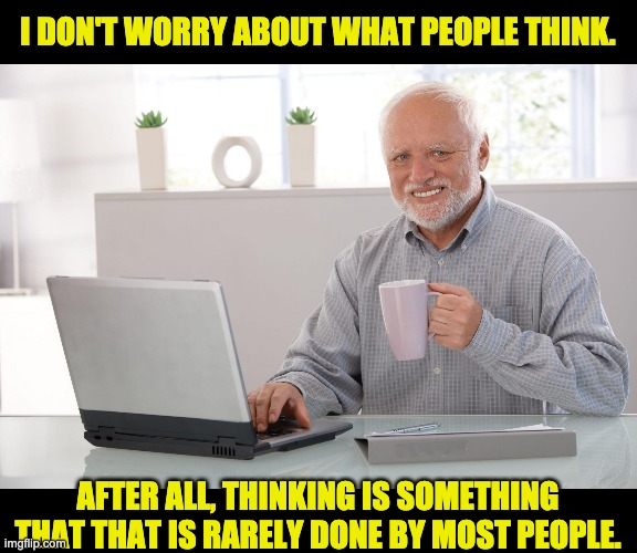 Harold on thinking | I DON'T WORRY ABOUT WHAT PEOPLE THINK. AFTER ALL, THINKING IS SOMETHING THAT THAT IS RARELY DONE BY MOST PEOPLE. | image tagged in harold | made w/ Imgflip meme maker