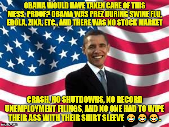 Obama Meme | OBAMA WOULD HAVE TAKEN CARE OF THIS MESS. PROOF? OBAMA WAS PREZ DURING SWINE FLU, EBOLA, ZIKA, ETC., AND THERE WAS NO STOCK MARKET; CRASH, NO SHUTDOWNS, NO RECORD UNEMPLOYMENT FILINGS, AND NO ONE HAD TO WIPE THEIR ASS WITH THEIR SHIRT SLEEVE 😂😂😂. | image tagged in memes,obama | made w/ Imgflip meme maker