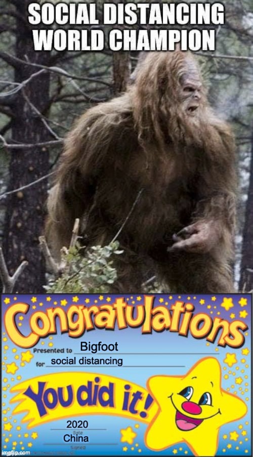 No wonder Bigfoot keeps hiding in the woods... | image tagged in bigfoot,covid-19,champion | made w/ Imgflip meme maker