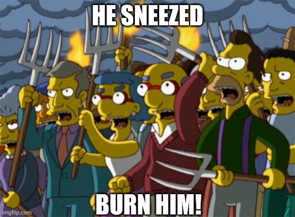 Simpsons Mob | HE SNEEZED; BURN HIM! | image tagged in simpsons mob | made w/ Imgflip meme maker