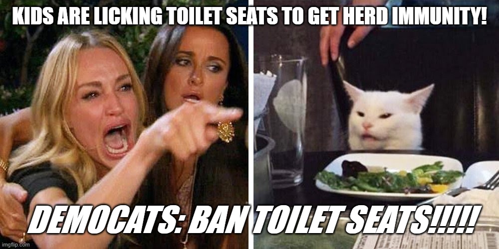 Ban Toilet Seats | KIDS ARE LICKING TOILET SEATS TO GET HERD IMMUNITY! DEMOCATS: BAN TOILET SEATS!!!!! | image tagged in smudge the cat | made w/ Imgflip meme maker