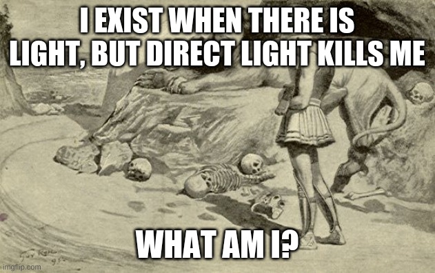 Riddles and Brainteasers | I EXIST WHEN THERE IS LIGHT, BUT DIRECT LIGHT KILLS ME; WHAT AM I? | image tagged in riddles and brainteasers | made w/ Imgflip meme maker