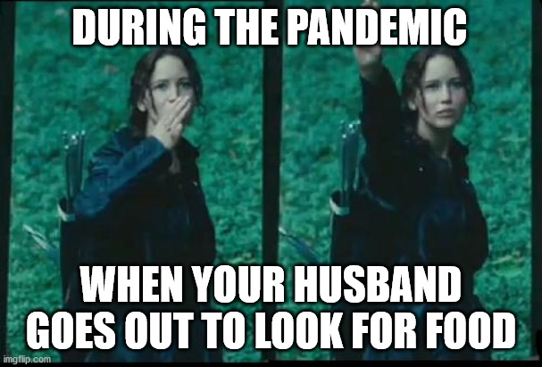 Katniss Respect | DURING THE PANDEMIC; WHEN YOUR HUSBAND GOES OUT TO LOOK FOR FOOD | image tagged in katniss respect | made w/ Imgflip meme maker