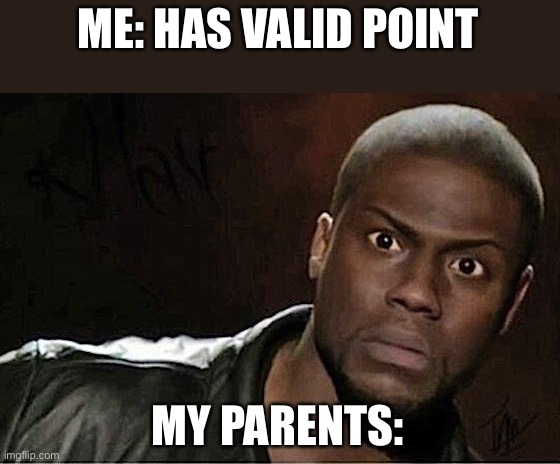 Kevin Hart Meme | ME: HAS VALID POINT; MY PARENTS: | image tagged in memes,kevin hart | made w/ Imgflip meme maker
