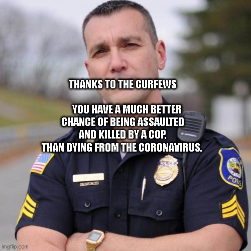 Cop | THANKS TO THE CURFEWS                           YOU HAVE A MUCH BETTER CHANCE OF BEING ASSAULTED AND KILLED BY A COP, THAN DYING FROM THE CORONAVIRUS. | image tagged in cop | made w/ Imgflip meme maker