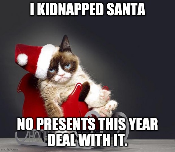 Grumpy Cat Christmas HD | I KIDNAPPED SANTA; NO PRESENTS THIS YEAR
DEAL WITH IT. | image tagged in grumpy cat christmas hd | made w/ Imgflip meme maker