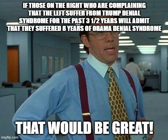 That Would Be Great Meme | IF THOSE ON THE RIGHT WHO ARE COMPLAINING THAT THE LEFT SUFFER FROM TRUMP DENIAL SYNDROME FOR THE PAST 3 1/2 YEARS WILL ADMIT THAT THEY SUFFERED 8 YEARS OF OBAMA DENIAL SYNDROME; THAT WOULD BE GREAT! | image tagged in memes,that would be great | made w/ Imgflip meme maker