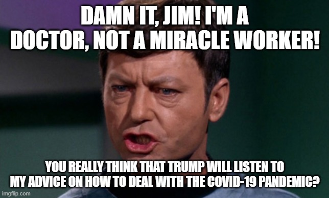 dr mccoy | DAMN IT, JIM! I'M A DOCTOR, NOT A MIRACLE WORKER! YOU REALLY THINK THAT TRUMP WILL LISTEN TO MY ADVICE ON HOW TO DEAL WITH THE COVID-19 PANDEMIC? | image tagged in dr mccoy | made w/ Imgflip meme maker