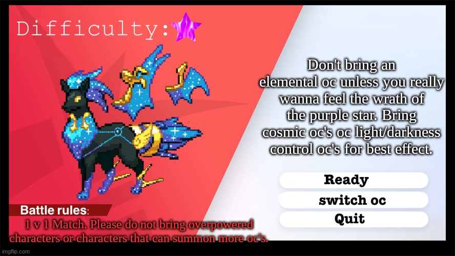 VS Aristar-Nightmare Difficulty | Don't bring an elemental oc unless you really wanna feel the wrath of the purple star. Bring cosmic oc's oc light/darkness control oc's for best effect. 1 v 1 Match. Please do not bring overpowered characters or characters that can summon more oc's. | image tagged in pokemon style raid battle | made w/ Imgflip meme maker