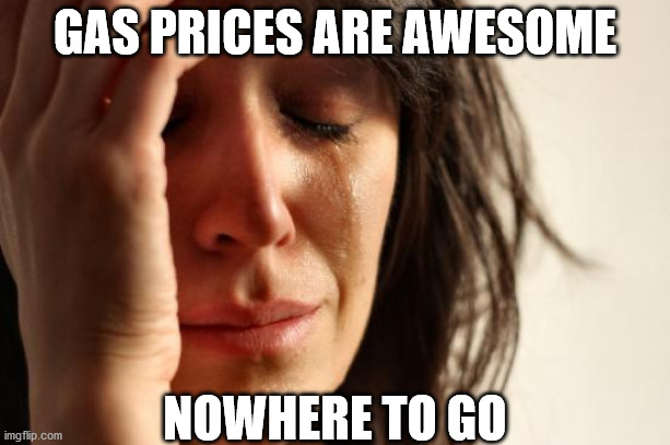 First World Problems Meme | GAS PRICES ARE AWESOME; NOWHERE TO GO | image tagged in memes,first world problems | made w/ Imgflip meme maker