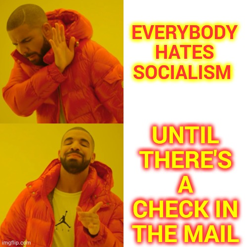 The Socialism Check Is In The Mail | UNTIL THERE'S A CHECK IN THE MAIL; EVERYBODY HATES SOCIALISM | image tagged in memes,drake hotline bling,socialism,trump unfit unqualified dangerous,covid-19,reality check | made w/ Imgflip meme maker