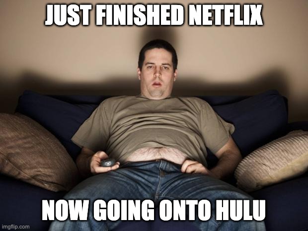 lazy fat guy on the couch | JUST FINISHED NETFLIX; NOW GOING ONTO HULU | image tagged in lazy fat guy on the couch | made w/ Imgflip meme maker
