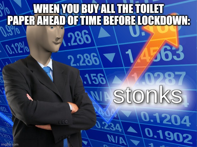 stonks | WHEN YOU BUY ALL THE TOILET PAPER AHEAD OF TIME BEFORE LOCKDOWN: | image tagged in stonks | made w/ Imgflip meme maker