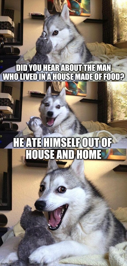 Worth it? | DID YOU HEAR ABOUT THE MAN WHO LIVED IN A HOUSE MADE OF FOOD? HE ATE HIMSELF OUT OF 
HOUSE AND HOME | image tagged in memes,bad pun dog,funny,bad pun,food,hungry | made w/ Imgflip meme maker