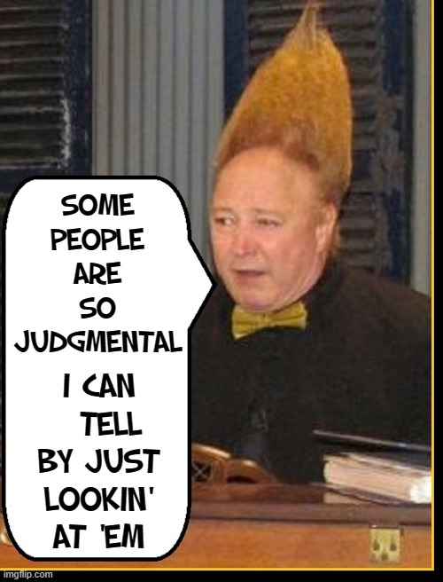 Never Judge another by his character, but by the height of his hair | SOME PEOPLE ARE SO JUDGMENTAL; I CAN   TELL BY JUST LOOKIN' AT 'EM | image tagged in vince vance,tall hair dude,judgemental,judging you,you have become the very thing you swore to destroy,ironic | made w/ Imgflip meme maker