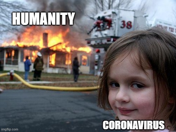 Disaster Girl Meme | HUMANITY; CORONAVIRUS | image tagged in memes,disaster girl,coronavirus,covid-19,hand sanitizer,toilet paper | made w/ Imgflip meme maker
