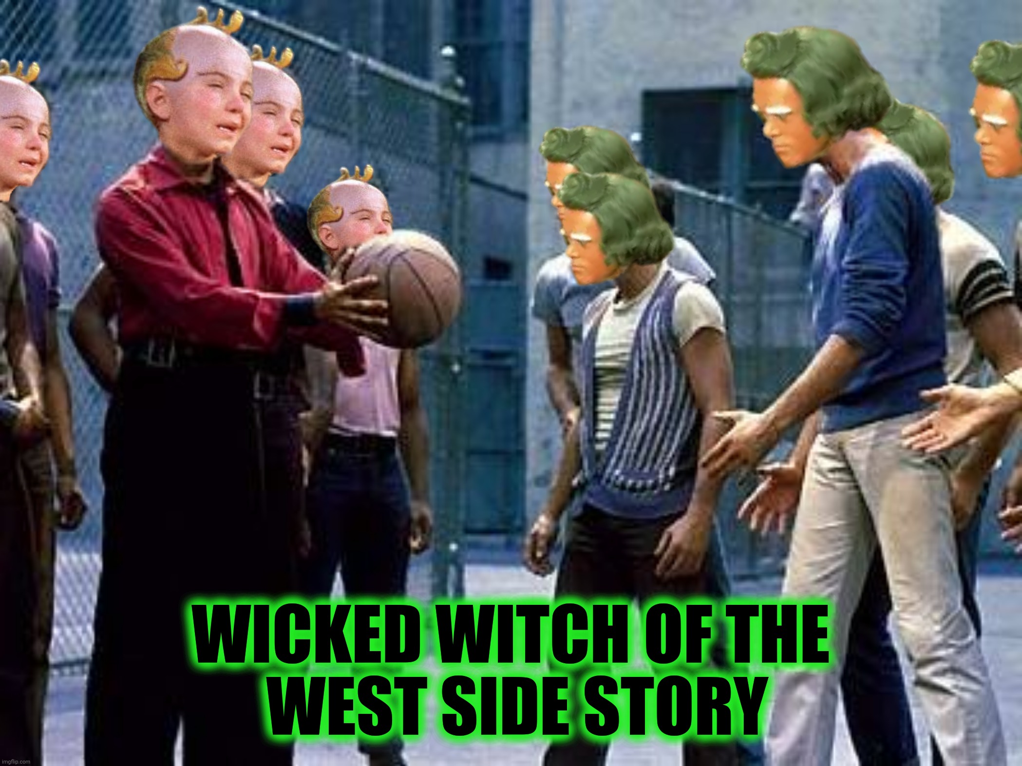 Bad Photoshop Sunday presents:  Munchkins Vs. Oompa loompas, Let's get ready to rumble! | WICKED WITCH OF THE
 WEST SIDE STORY | image tagged in bad photoshop sunday,west side story,munchkins,oompa loompas,wicked witch of the west | made w/ Imgflip meme maker