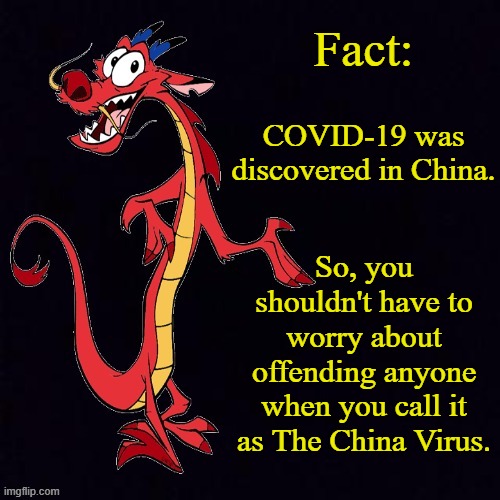 Just to clear things up. | Fact:; COVID-19 was discovered in China. So, you shouldn't have to worry about offending anyone when you call it as The China Virus. | image tagged in mushu,memes,mulan,donald trump,covid-19,coronavirus | made w/ Imgflip meme maker