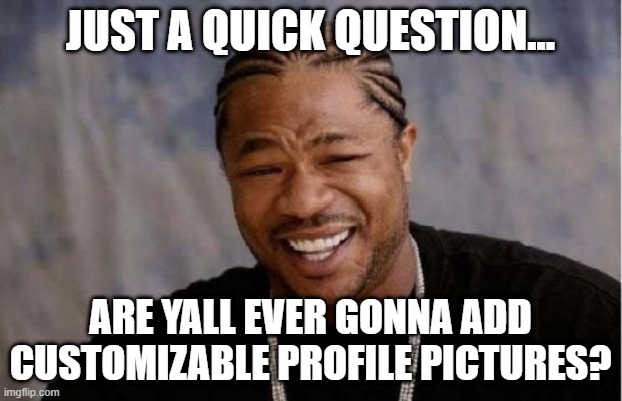 Yo Dawg Heard You Meme | JUST A QUICK QUESTION... ARE YALL EVER GONNA ADD CUSTOMIZABLE PROFILE PICTURES? | image tagged in memes,yo dawg heard you | made w/ Imgflip meme maker