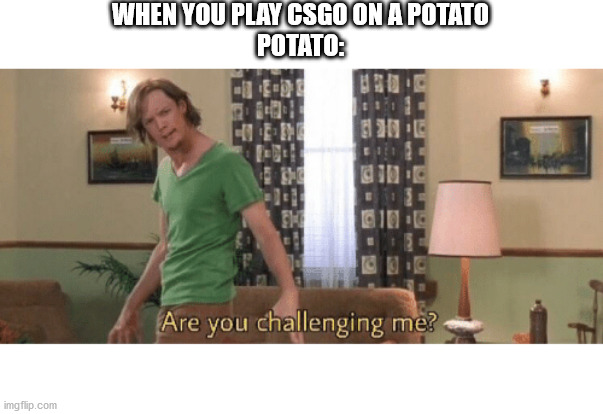 are you challenging me | WHEN YOU PLAY CSGO ON A POTATO
POTATO: | image tagged in are you challenging me | made w/ Imgflip meme maker