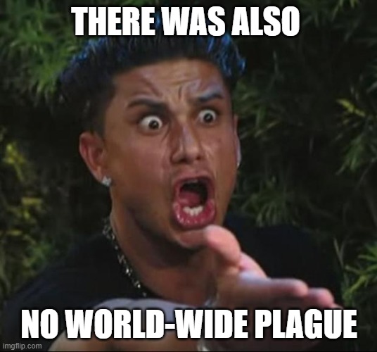 DJ Pauly D Meme | THERE WAS ALSO NO WORLD-WIDE PLAGUE | image tagged in memes,dj pauly d | made w/ Imgflip meme maker