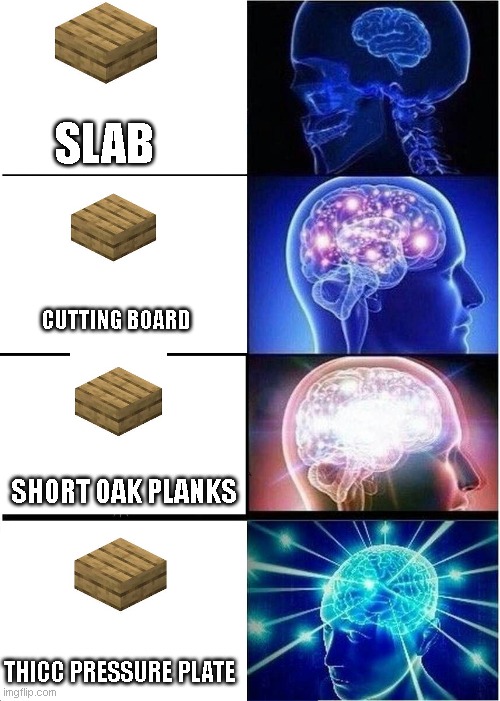 Expanding Brain | SLAB; CUTTING BOARD; SHORT OAK PLANKS; THICC PRESSURE PLATE | image tagged in memes,expanding brain | made w/ Imgflip meme maker
