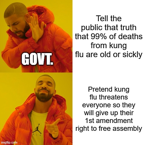 Drake Hotline Bling | Tell the public that truth that 99% of deaths from kung flu are old or sickly; GOVT. Pretend kung flu threatens everyone so they will give up their 1st amendment right to free assembly | image tagged in memes,drake hotline bling | made w/ Imgflip meme maker