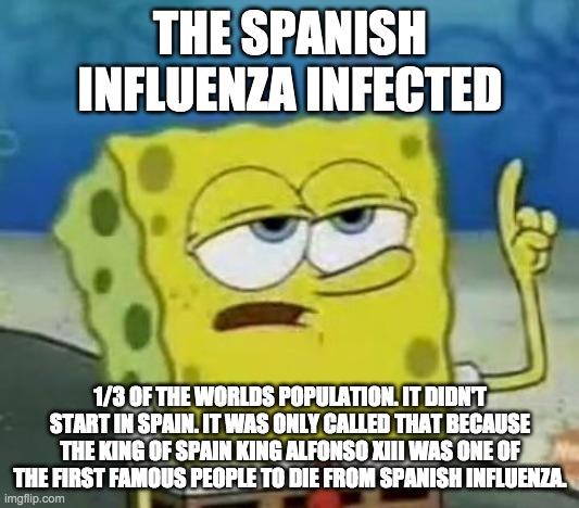 I'll Have You Know Spongebob Meme | THE SPANISH INFLUENZA INFECTED 1/3 OF THE WORLDS POPULATION. IT DIDN'T START IN SPAIN. IT WAS ONLY CALLED THAT BECAUSE THE KING OF SPAIN KIN | image tagged in memes,ill have you know spongebob | made w/ Imgflip meme maker