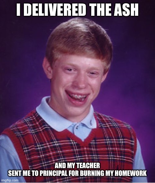 Bad Luck Brian Meme | I DELIVERED THE ASH AND MY TEACHER SENT ME TO PRINCIPAL FOR BURNING MY HOMEWORK | image tagged in memes,bad luck brian | made w/ Imgflip meme maker