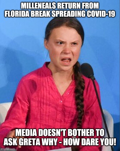 Greta Thunberg how dare you | MILLENEALS RETURN FROM FLORIDA BREAK SPREADING COVID-19; MEDIA DOESN'T BOTHER TO ASK GRETA WHY - HOW DARE YOU! | image tagged in greta thunberg how dare you | made w/ Imgflip meme maker