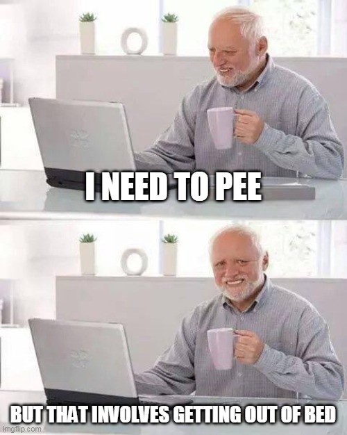 Hide the Pain Harold Meme | I NEED TO PEE; BUT THAT INVOLVES GETTING OUT OF BED | image tagged in memes,hide the pain harold | made w/ Imgflip meme maker