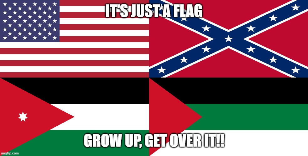 IT'S JUST A FLAG; GROW UP, GET OVER IT!! | image tagged in confederate flag,american flag,'murica,freedom,jordan,arab | made w/ Imgflip meme maker