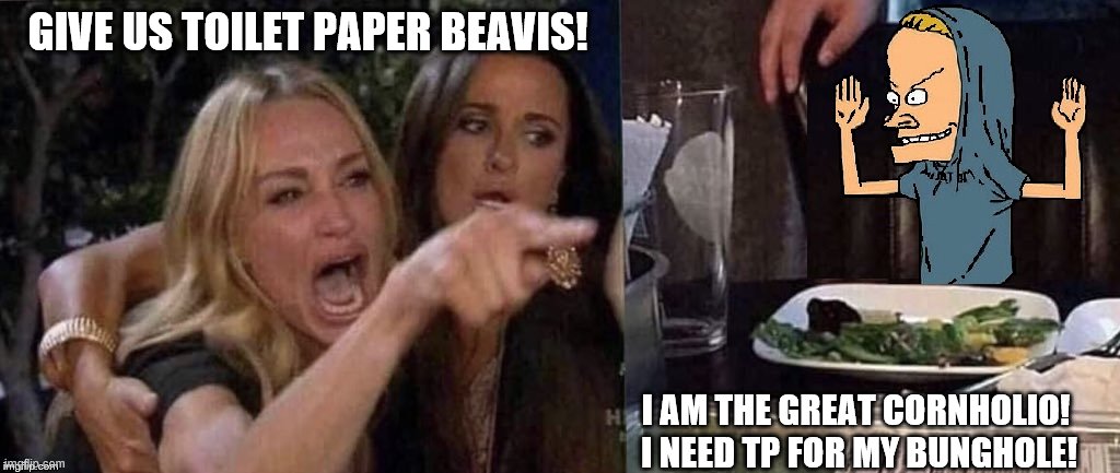 Woman Yelling At Cornholio demands TP | GIVE US TOILET PAPER BEAVIS! I AM THE GREAT CORNHOLIO!  I NEED TP FOR MY BUNGHOLE! | image tagged in woman yelling at cat,cornholio,tp | made w/ Imgflip meme maker