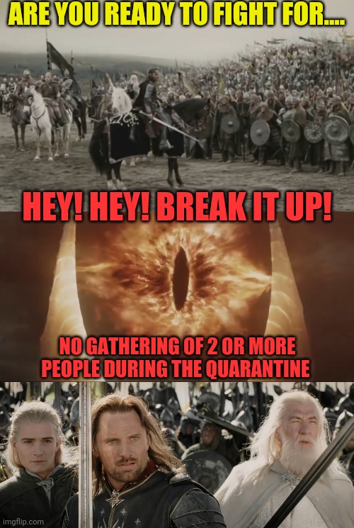 A Forced Government Lockdown Of Free Movement But Played Out In LOTR | ARE YOU READY TO FIGHT FOR.... HEY! HEY! BREAK IT UP! NO GATHERING OF 2 OR MORE PEOPLE DURING THE QUARANTINE | image tagged in coronavirus,corona virus,lord of the rings,forced government lockdown,political meme,movement | made w/ Imgflip meme maker