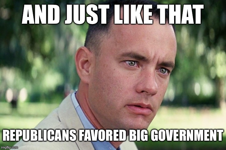 The GOP has been supporting big government for awhile, but now more than ever. Welcome aboard, guys! | AND JUST LIKE THAT; REPUBLICANS FAVORED BIG GOVERNMENT | image tagged in forrest gump - and just like that - hd,big government,coronavirus,covid-19,crisis,gop | made w/ Imgflip meme maker
