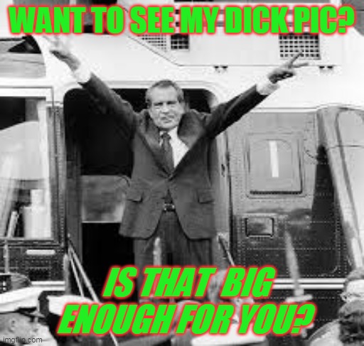 nixon | WANT TO SEE MY DICK PIC? IS THAT  BIG ENOUGH FOR YOU? | image tagged in nixon | made w/ Imgflip meme maker