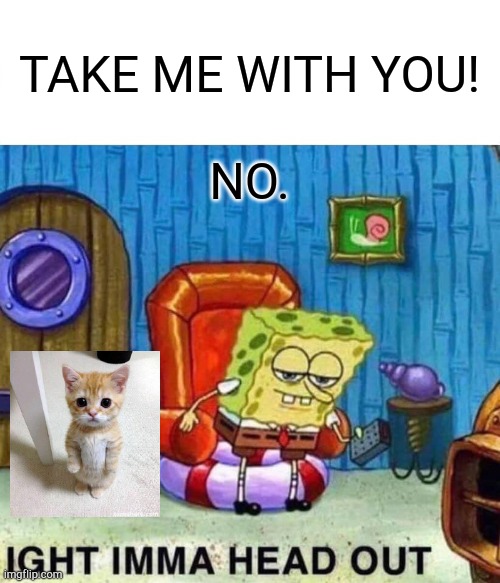 Spongebob Ight Imma Head Out | TAKE ME WITH YOU! NO. | image tagged in memes,spongebob ight imma head out,cats | made w/ Imgflip meme maker