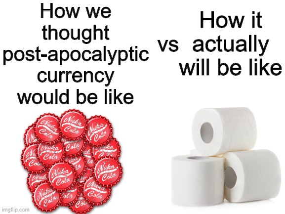 Bottle caps or toilet paper? |  How we thought post-apocalyptic currency would be like; How it actually will be like; vs | image tagged in blank white template,memes,funny,toilet paper,fallout | made w/ Imgflip meme maker