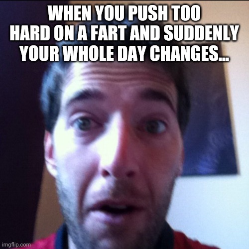 Fintan the farter | WHEN YOU PUSH TOO HARD ON A FART AND SUDDENLY YOUR WHOLE DAY CHANGES... | image tagged in fart,funny memes,hilarious memes,toilet humor,funny face,poop | made w/ Imgflip meme maker