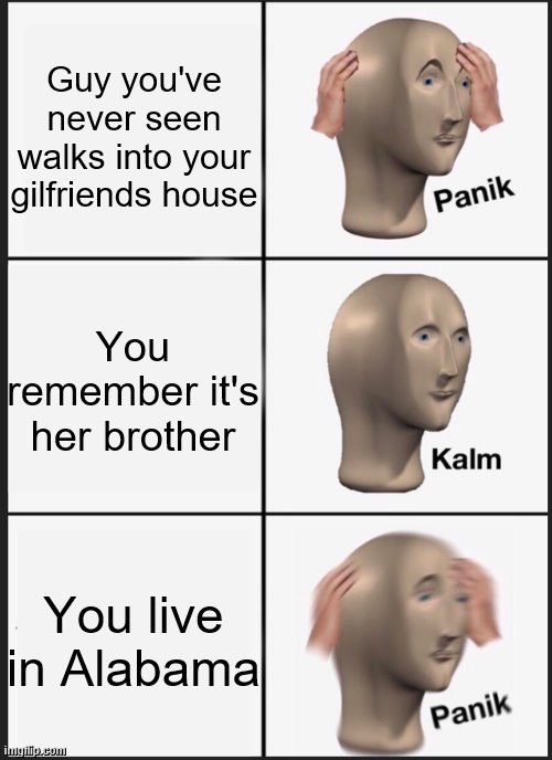 Panik Kalm Panik | Guy you've never seen walks into your gilfriends house; You remember it's her brother; You live in Alabama | image tagged in memes,panik kalm panik | made w/ Imgflip meme maker