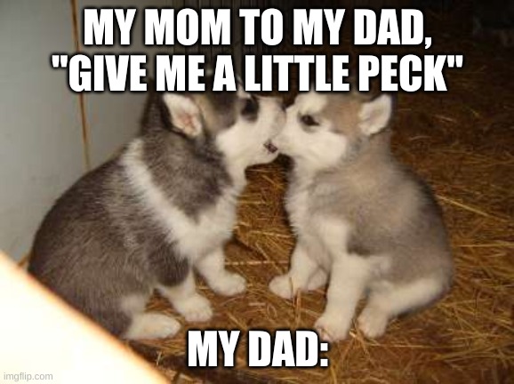 Cute Puppies | MY MOM TO MY DAD, "GIVE ME A LITTLE PECK"; MY DAD: | image tagged in memes,cute puppies | made w/ Imgflip meme maker