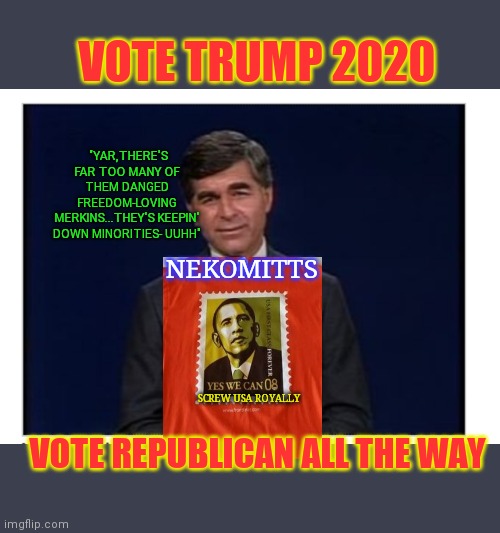 VOTE TRUMP 2020 VOTE REPUBLICAN ALL THE WAY NEKOMITTS SCREW USA ROYALLY "YAR,THERE'S FAR TOO MANY OF THEM DANGED FREEDOM-LOVING MERKINS...TH | made w/ Imgflip meme maker