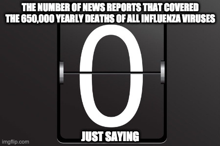 Zero counter | THE NUMBER OF NEWS REPORTS THAT COVERED THE 650,000 YEARLY DEATHS OF ALL INFLUENZA VIRUSES; JUST SAYING | image tagged in zero counter,coronavirus,flu,news | made w/ Imgflip meme maker